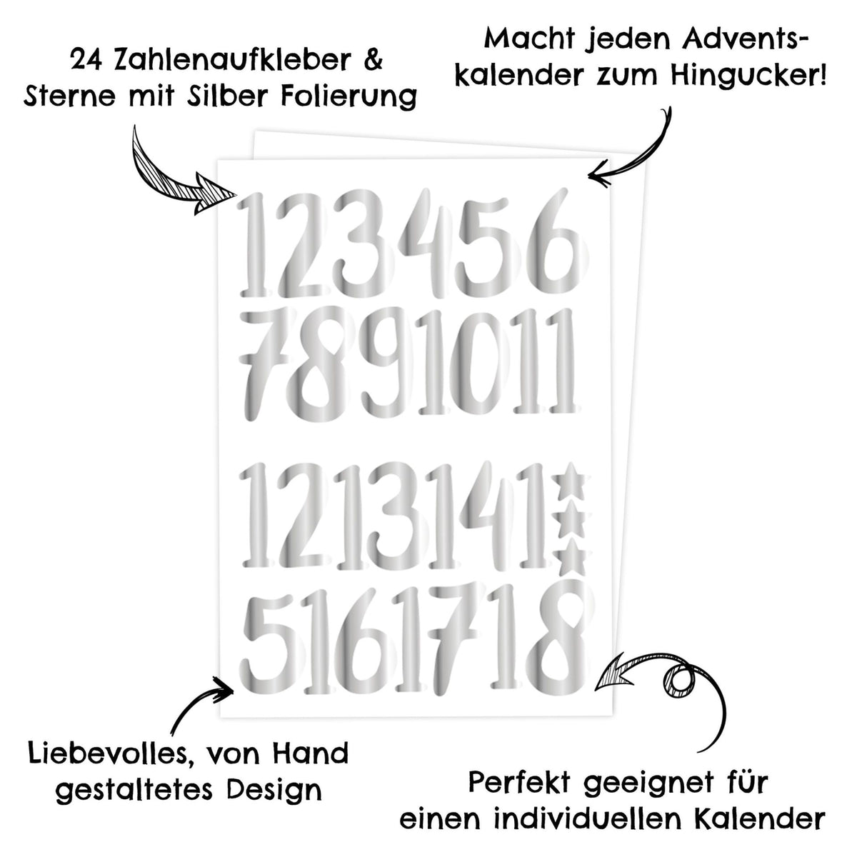 Adventskalender Zahlensticker Silber Metallic