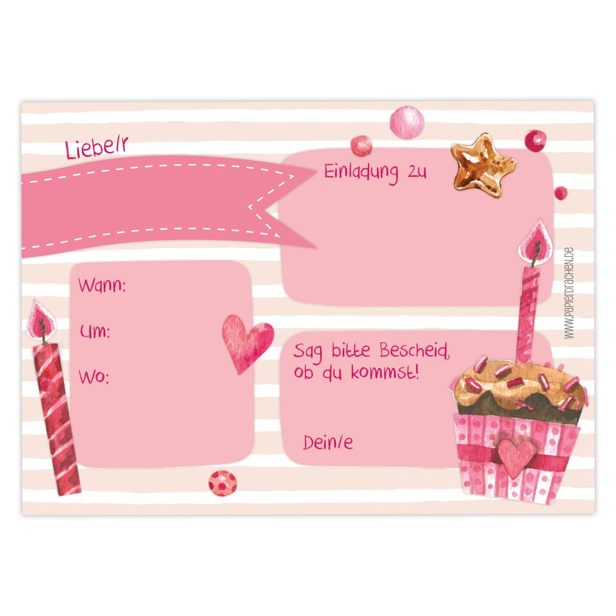 12 Einladungskarten Kindergeburtstag Muffin Rosa