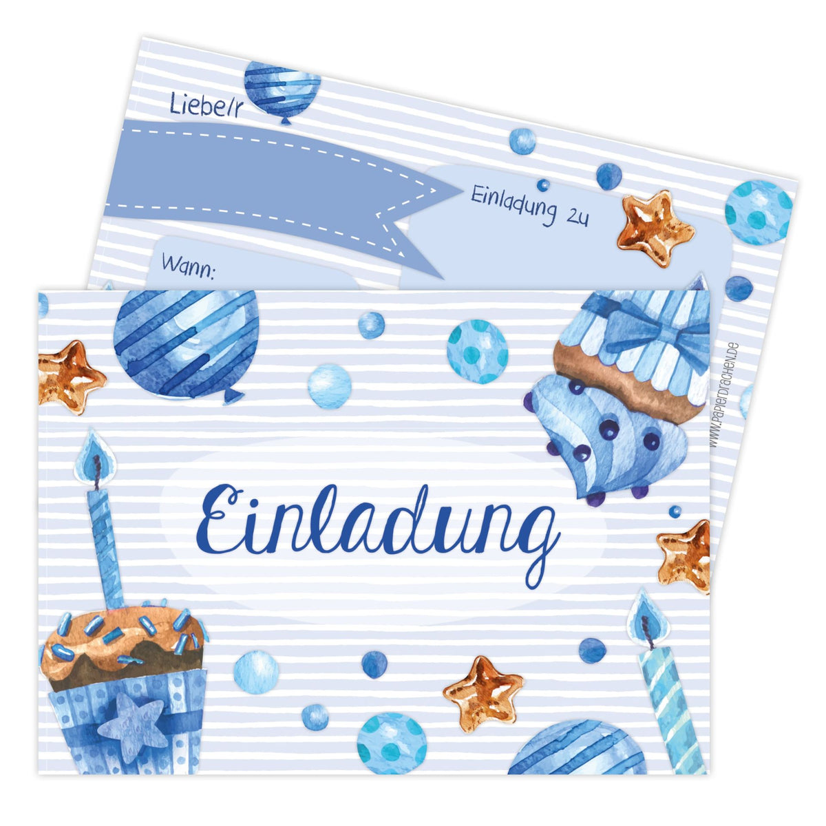 12 Einladungskarten Kindergeburtstag Muffin Blau