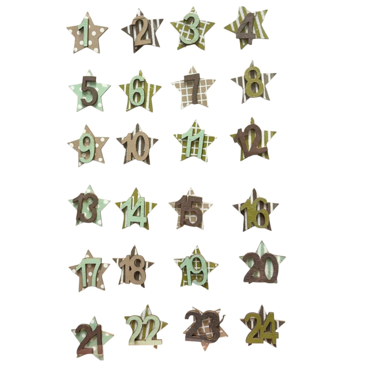 Adventskalender Holzsterne mit Klebepunkt Braun-Mint
