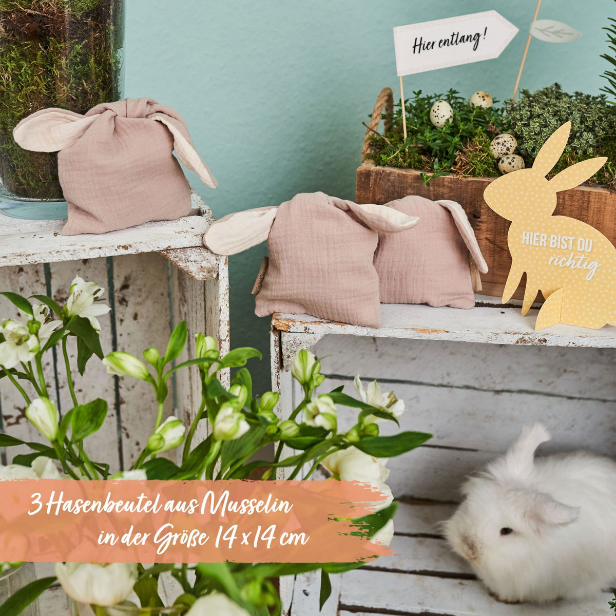 Osternest Hasetasche aus Musselin Beige