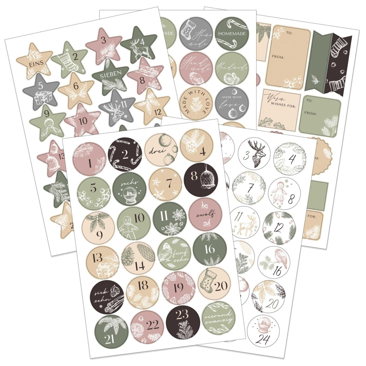 Adventskalender Zahlenaufkleber Set mit Geschenkstickern