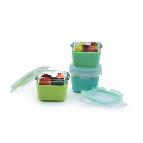 Melii Lebensmittelbehälterset aus Glas mit Silikonhülle Blau