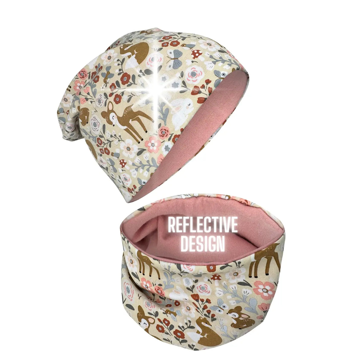 Kinder Beanie Mütze & Loop Schal Reflektierend Waldtiere