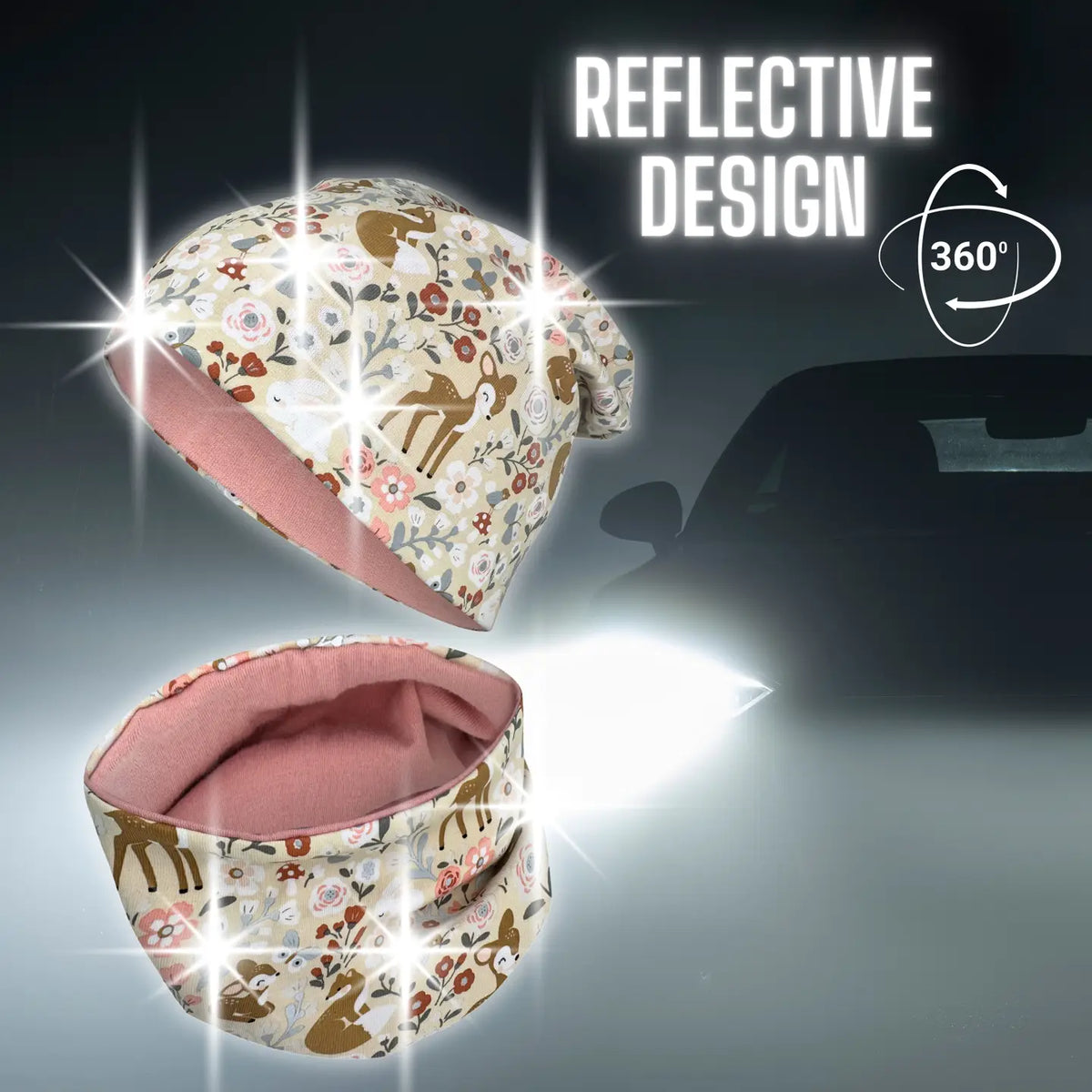 Kinder Beanie Mütze & Loop Schal Reflektierend Waldtiere
