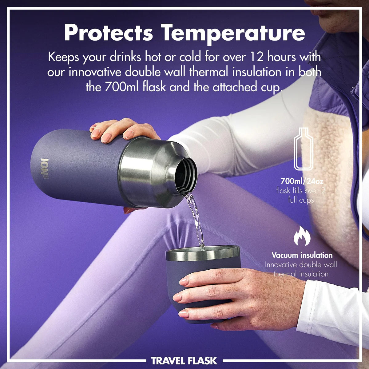 Thermosflasche mit Trinkbecher Ion8 700ml Violett
