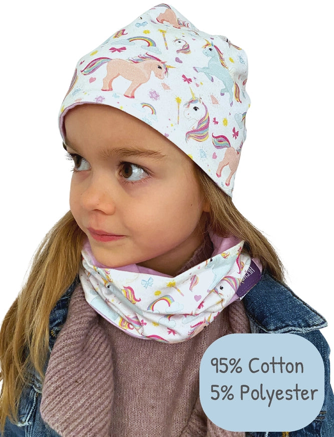 Kinder Übergangs Mütze & Loop Schal Einhorn