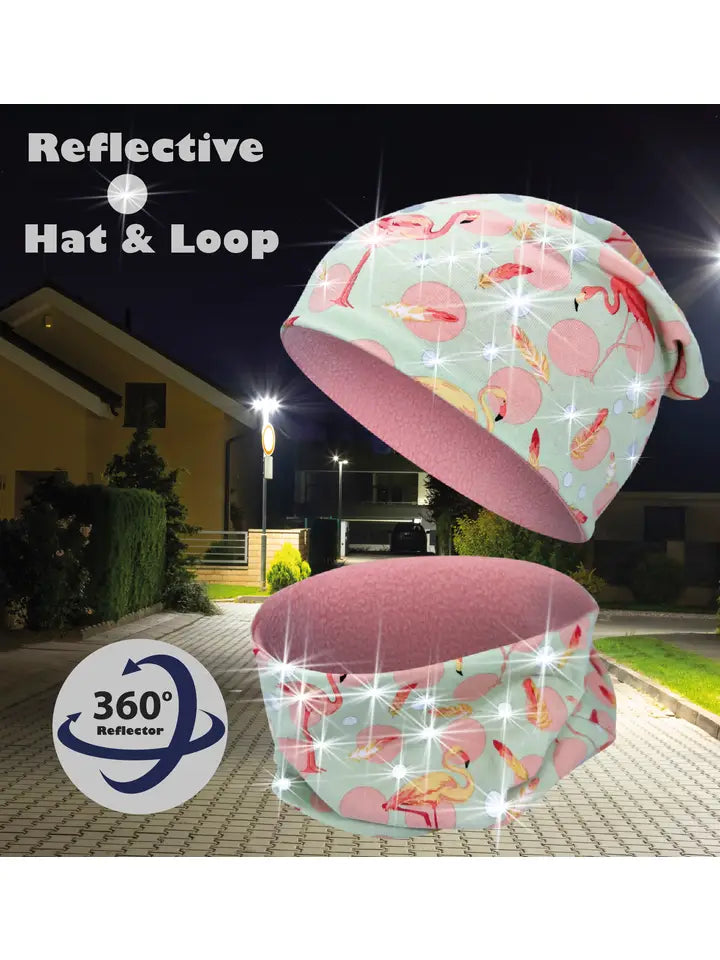 Kinder Winter Mütze & Loop Schal Reflektierend Flamingo