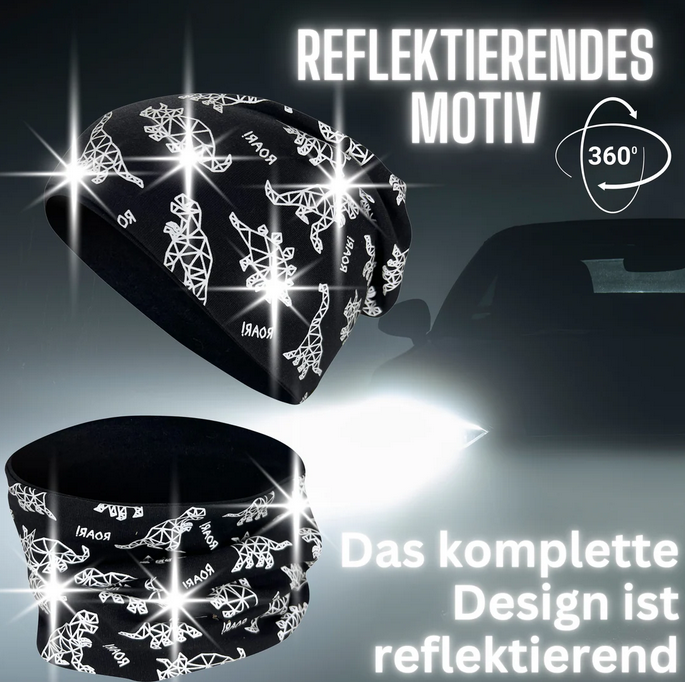Kinder Winter Mütze & Loop Schal Reflektierend Dino