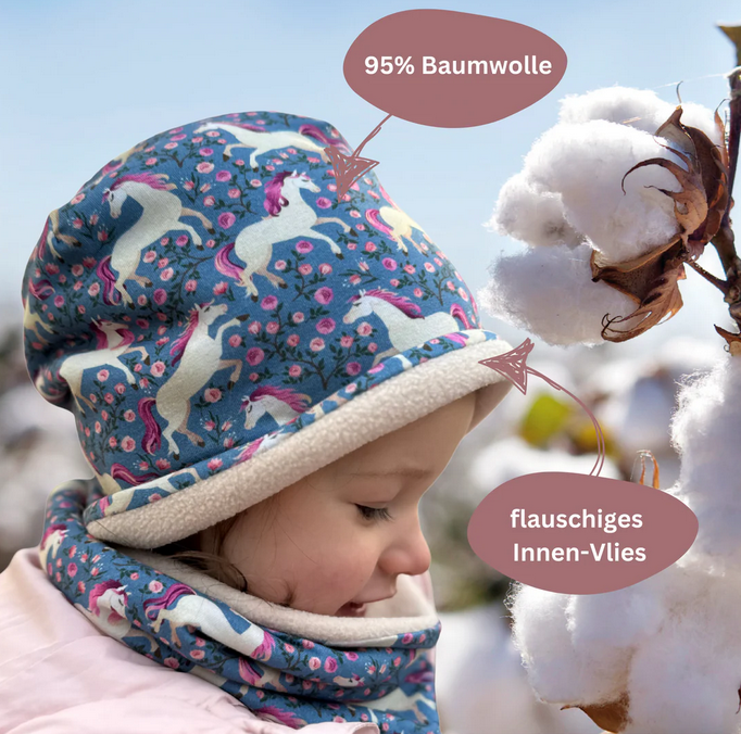 Kinder Winter Mütze & Loop Schal Pferd
