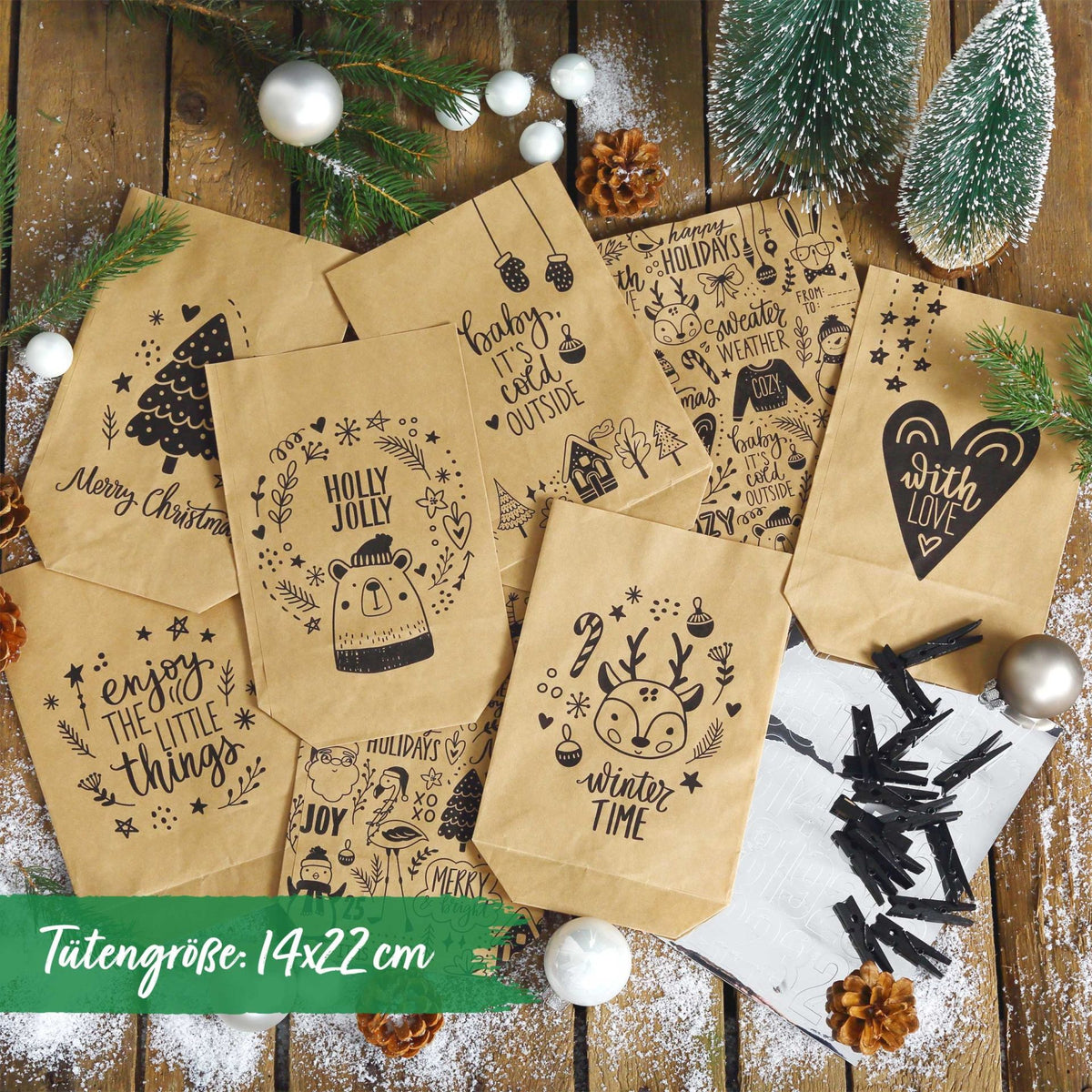 Adventskalender Tüten Braun Kindermotive