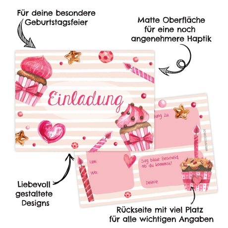 12 Einladungskarten Kindergeburtstag Muffin Rosa