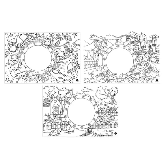 12 Tischsets zum ausmalen - Mix Bauernhof, Prinzessin, Weltraum