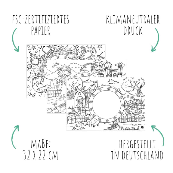 12 Tischsets zum ausmalen - Mix Bauernhof, Prinzessin, Weltraum