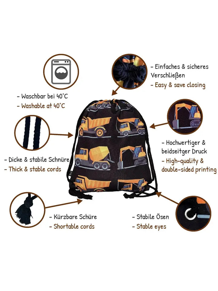 Turnbeutel Kinder Polyester Baustellenfahrzeuge Schwarz
