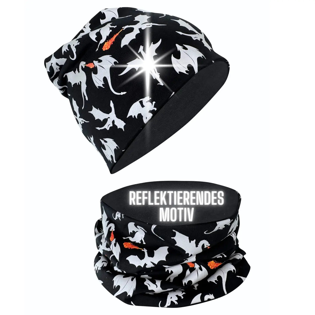 Kinder Beanie Mütze & Loop Schal Reflektierend Drache