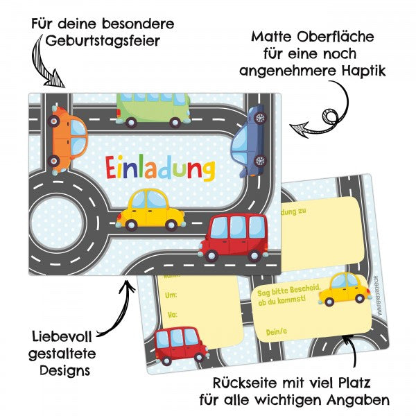 12 Einladungskarten Kindergeburtstag Autos