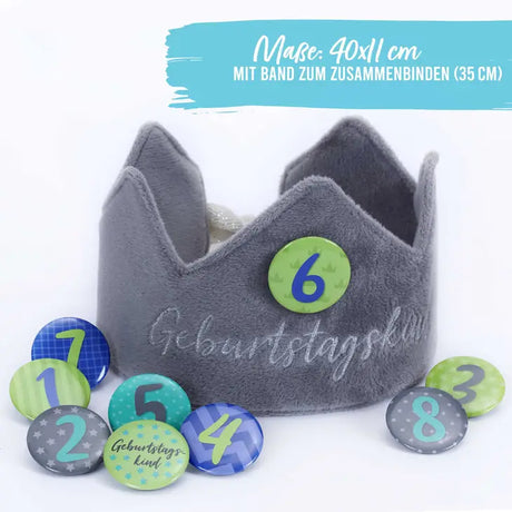 Geburtstagskrone mit Zahlen Button Grau